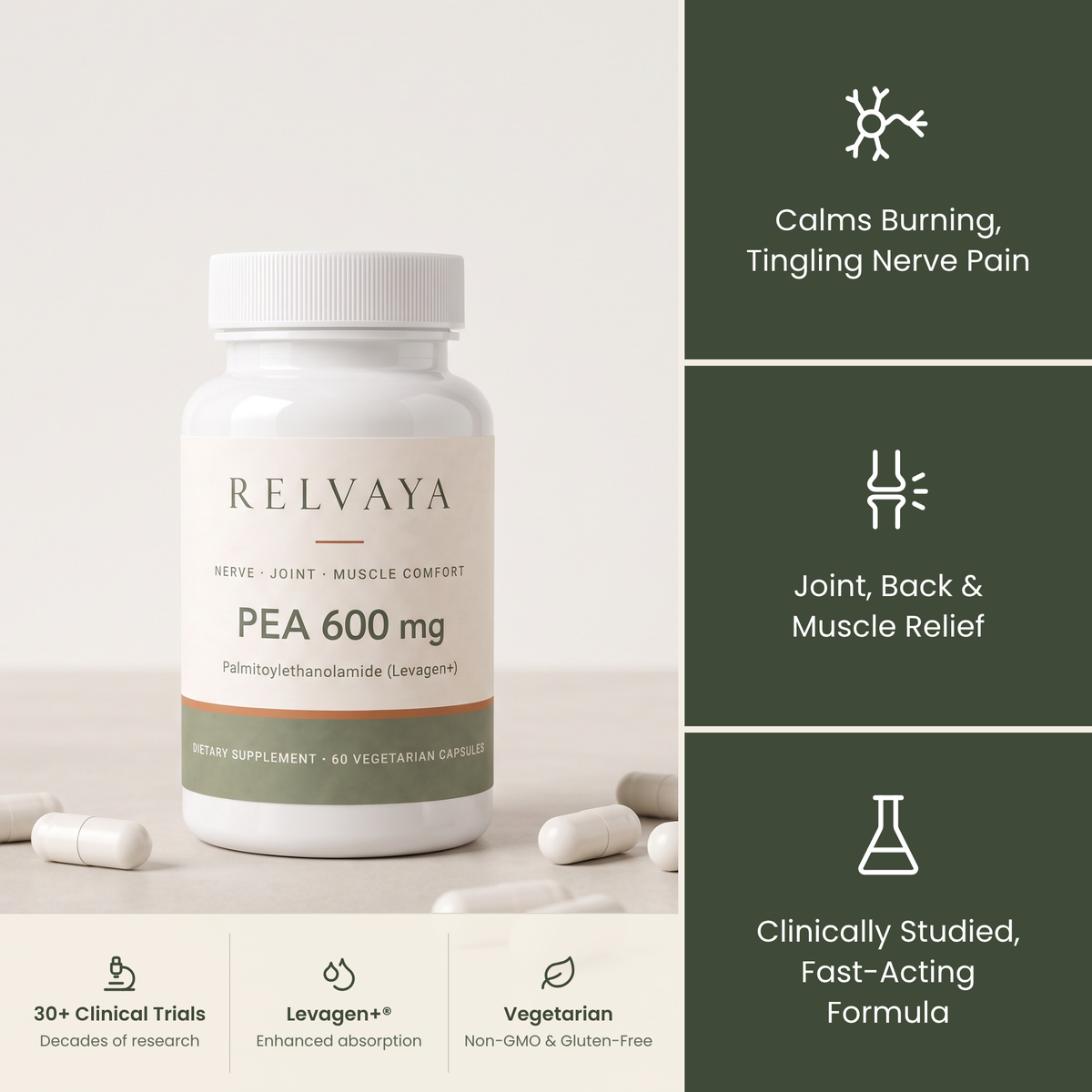 Relvaya PEA 600 mg bottle - nerve, joint and muscle comfort supplement