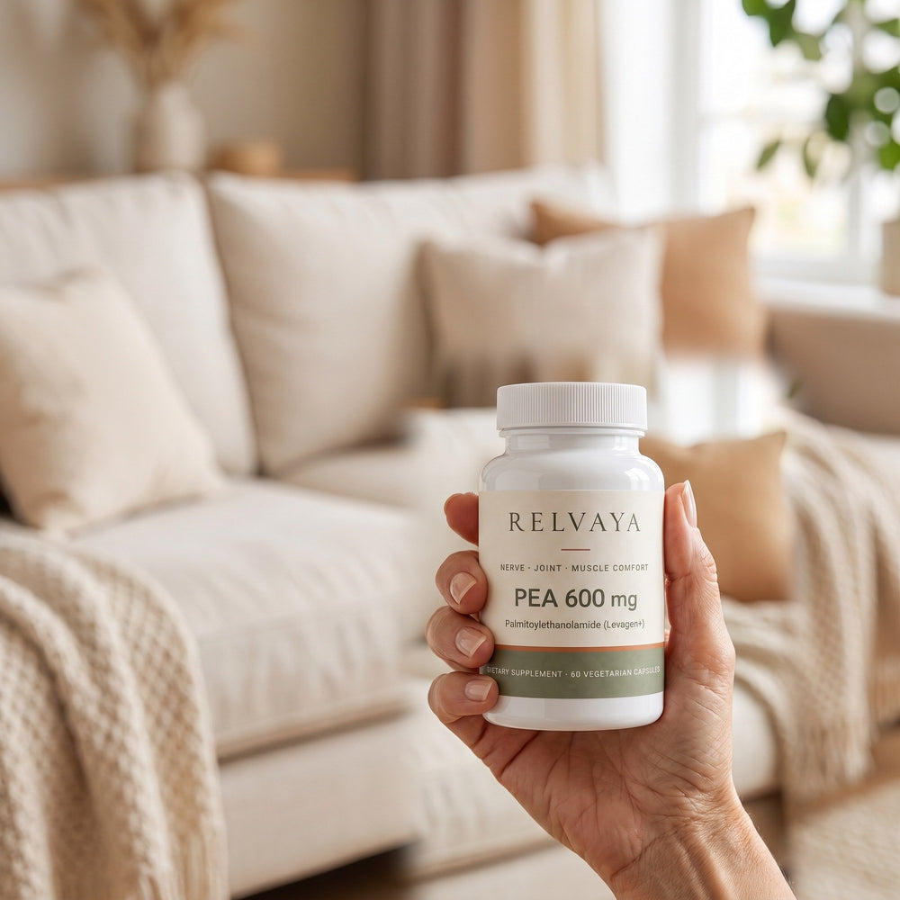 Hand holding a bottle of Relvaya PEA 600 mg in a bright living room