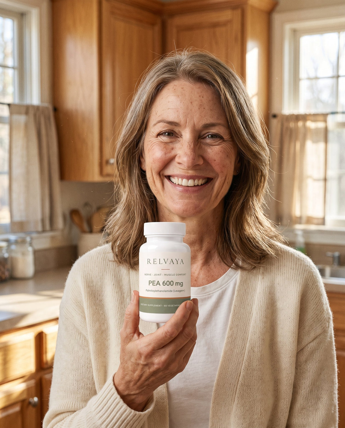 Smiling woman in her kitchen holding a bottle of Relvaya PEA 600 mg