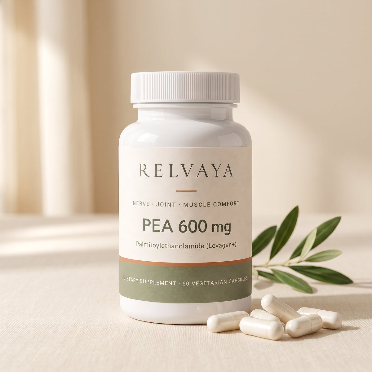 Relvaya PEA 600 mg bottle with vegetarian capsules and olive leaves
