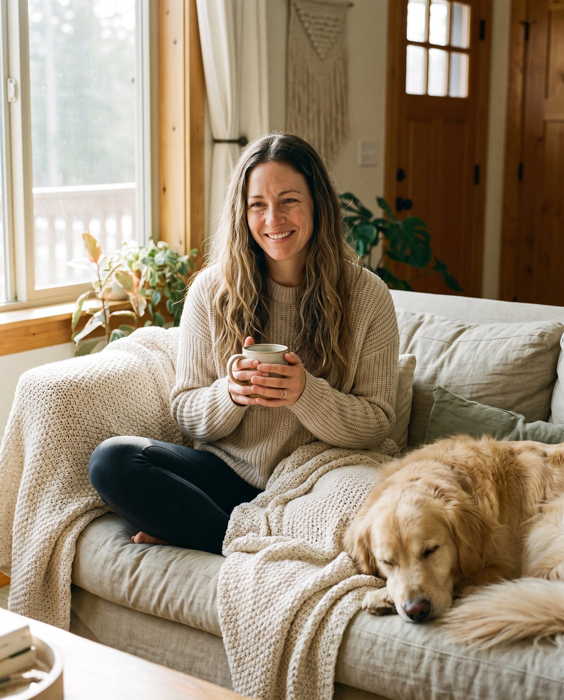 Woman relaxing on a sofa with tea and her dog on a good day