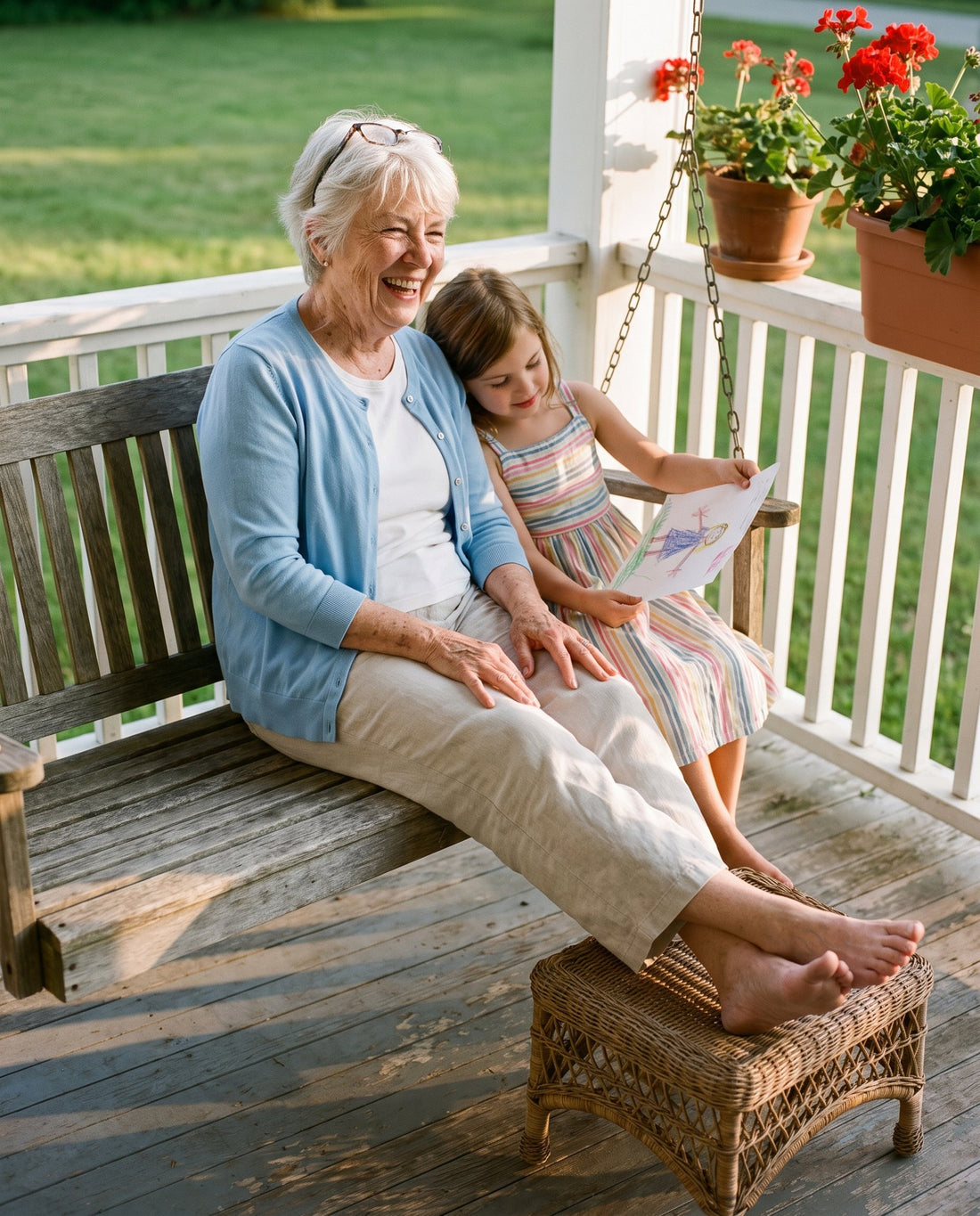 Grandmother laughing on a porch swing with her granddaughter, bare feet up
