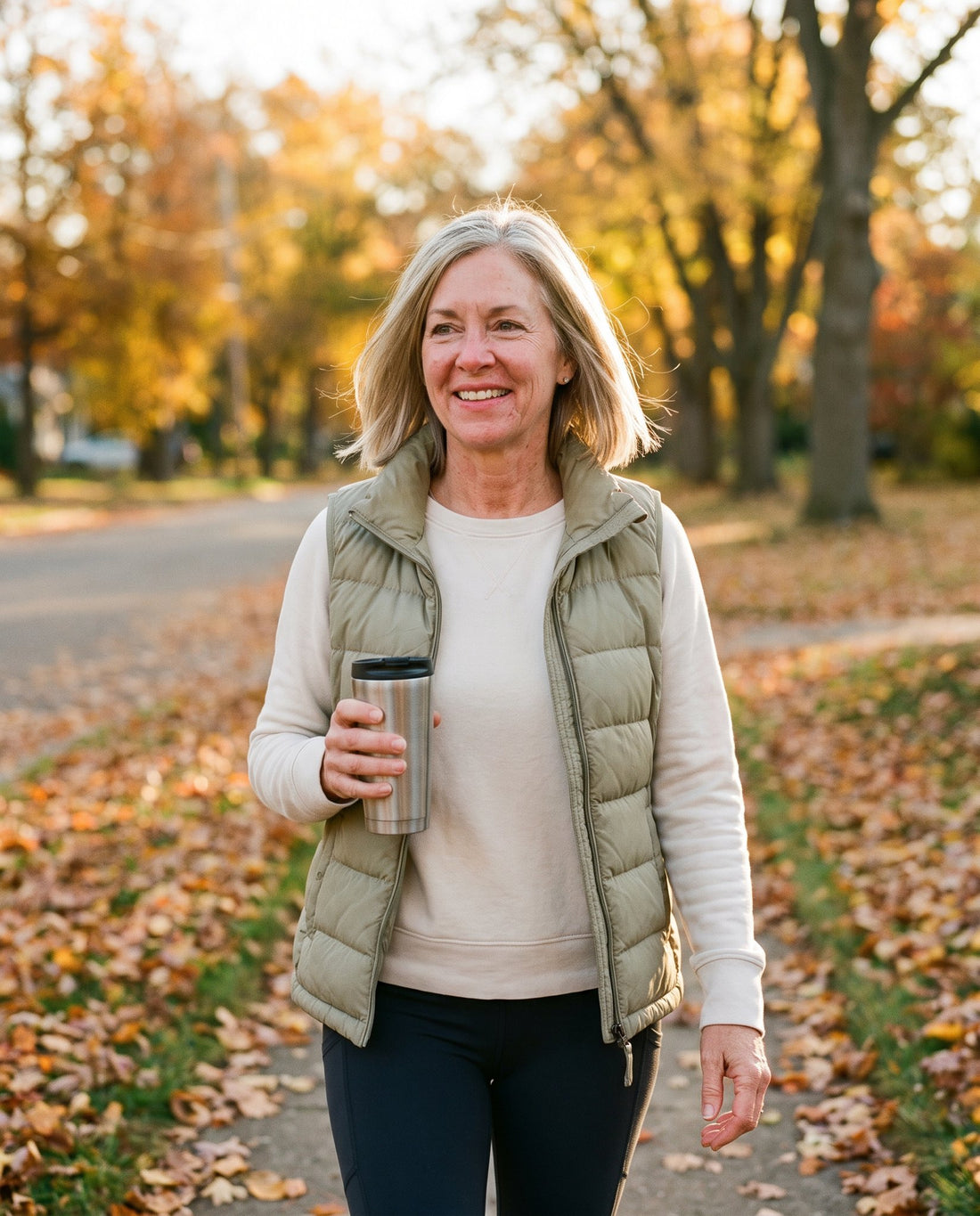 Woman in her 50s on a brisk morning walk on an autumn street