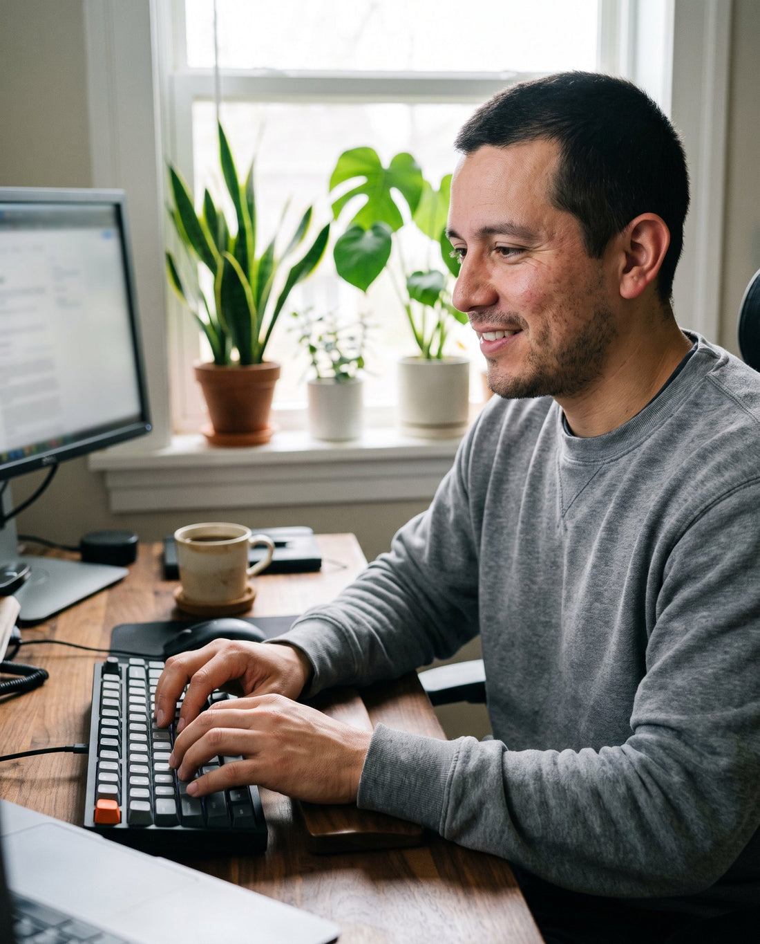 Man typing comfortably at his home office desk