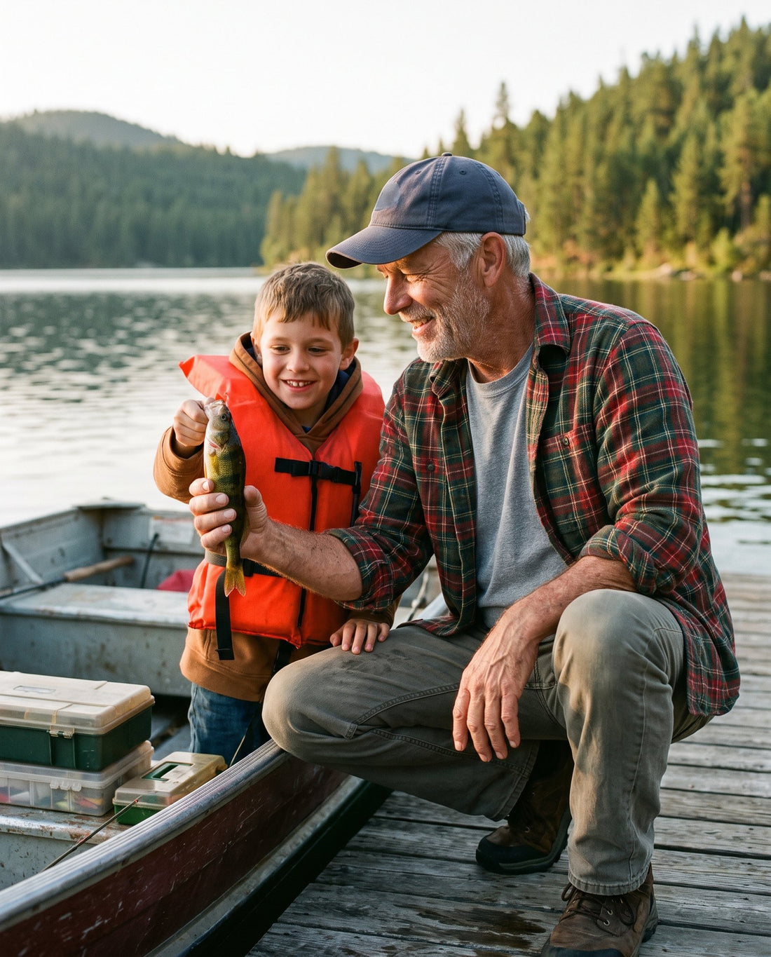 Grandfather crouching on a lake dock showing his grandson a fish