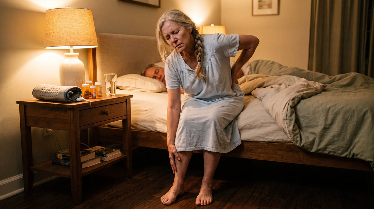 Woman sitting on the edge of her bed at night with back and leg pain
