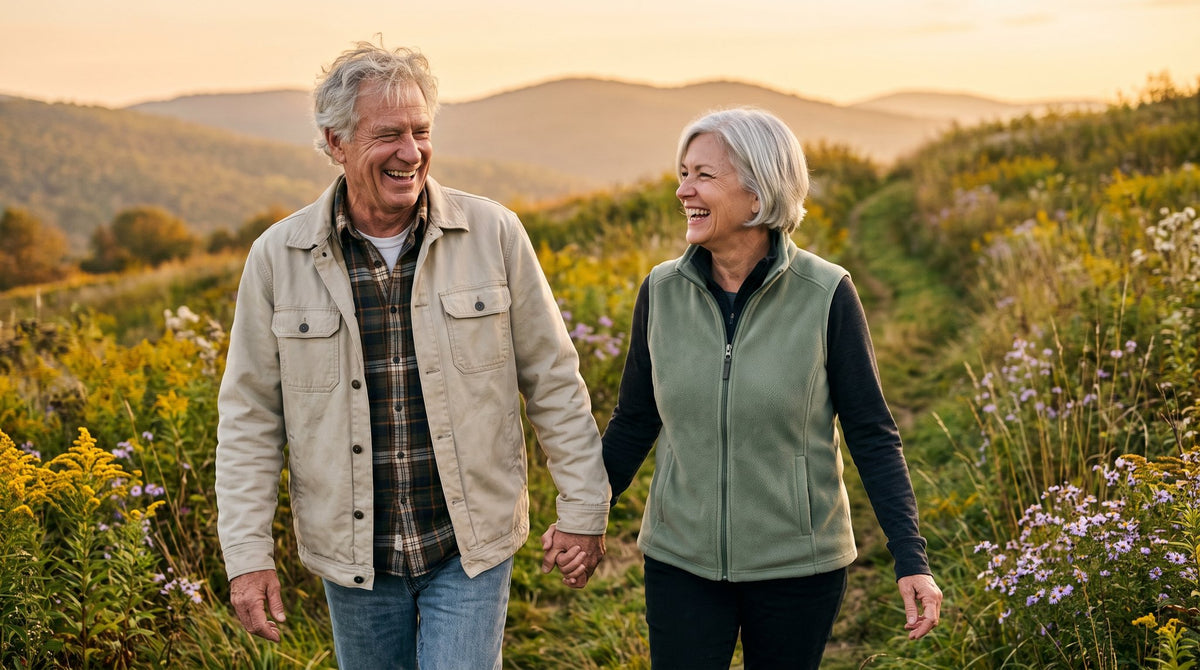 Couple in their 60s laughing while walking a hillside trail