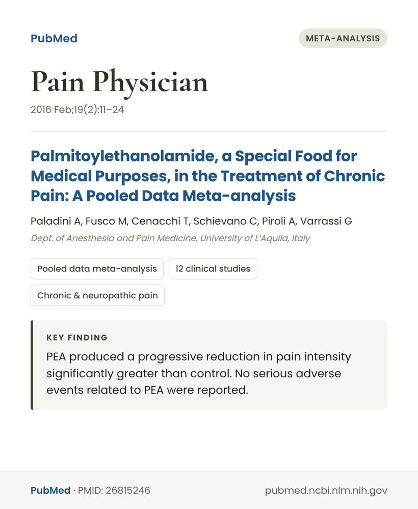 PubMed abstract: Paladini et al., Pain Physician 2016, pooled meta-analysis of PEA in chronic pain (PMID 26815246)