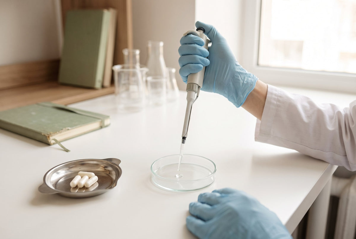 Researcher pipetting a sample next to PEA capsules on a clean lab bench