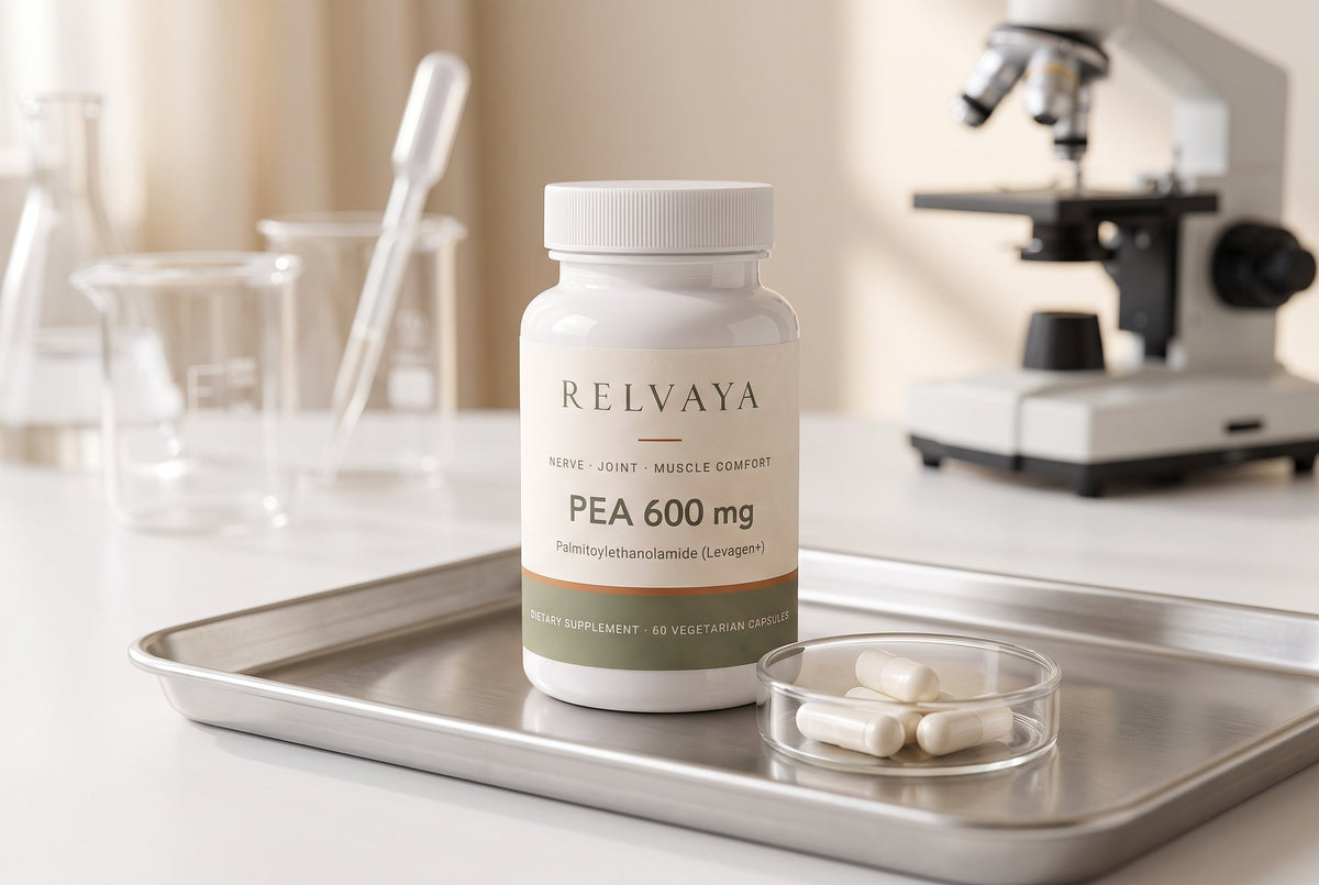 Relvaya PEA 600 mg bottle and capsules on a laboratory tray