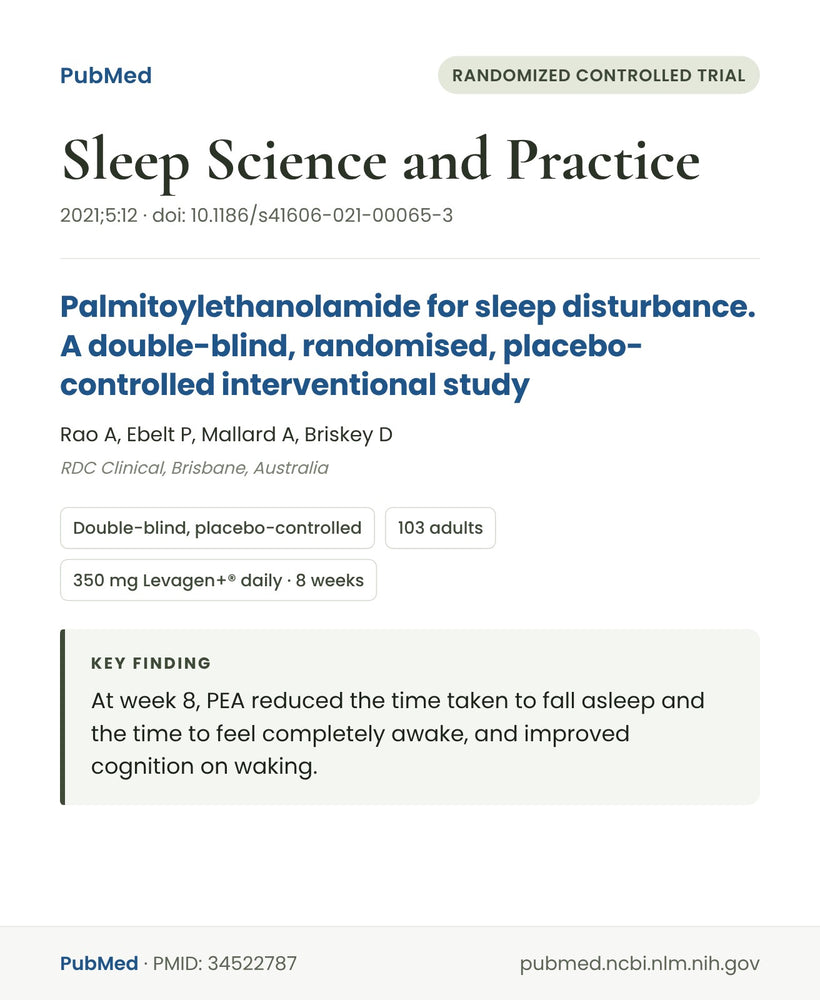 Rao et al., Sleep Science and Practice 2021: Levagen+ PEA for sleep disturbance (PMID 34522787)